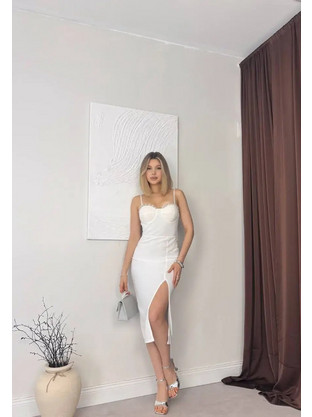 Misscix Λευκό Ελαστικό Φόρεμα - Slim Fit Αρχοντικό Στυλ