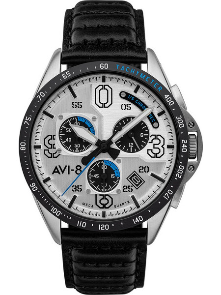 AVI-8 Hawker Ανδρικό Ρολόι Χρονογράφος με Ασημί Δερμάτινο Λουράκι AV-4077-01