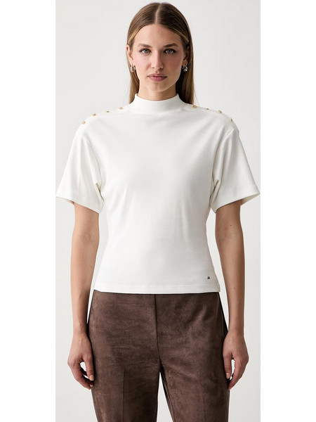 TOMMY HILFIGER T-SHIRT ΜΠΛΟΥΖΑ ΓΥΝΑΙΚΕΙΑ GOLD BUTTON HIGH NK TEE - ΕΚΡΟΥ - WW0WW52382