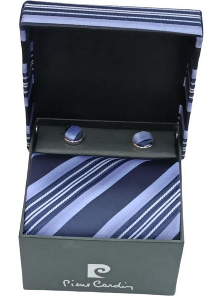 PIERRE CARDIN Σετ Δωρου SATIN SILK Γραβατα ριγε με Μανικετοκουμπα σε μπλε γαλαζιο χρωμα 90249-220