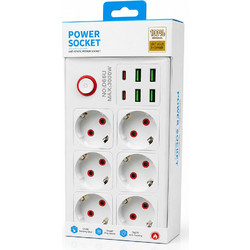 Πολύμπριζο με 4 θύρες USB,2x Type-C και 6 Πρίζες Schuko 3000W D66U OEM