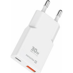 Swissten GaN Φορτιστής χωρίς Καλώδιο με Θύρα USB-A & Θύρα USB-C 30W