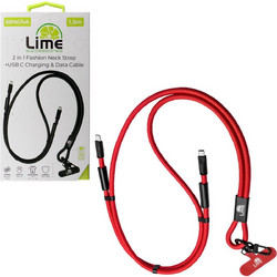 LIME SUCCESSORIES LIME 2 IN 1 FASHION NECK STRAP - USB-C TO USB-C 4A ΦΟΡΤΙΣΗΣ-DATA DURABLE BRAIDED 1.5m LSCC01 68W RED
