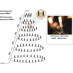 223Led Λαμπάκια Σταθερά Στύλ Κώνος Με Μετασχηματιστή Ip44 Με Πράσινο Καλώδιο/Θερμό Λαμπάκι Για Δέντρο 210cm (Kelvin: 2.500 - 3.000) Lianos 60130