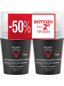 Vichy Homme Extreme Control Ανδρικό Αποσμητικό Roll On 72h 2x50ml