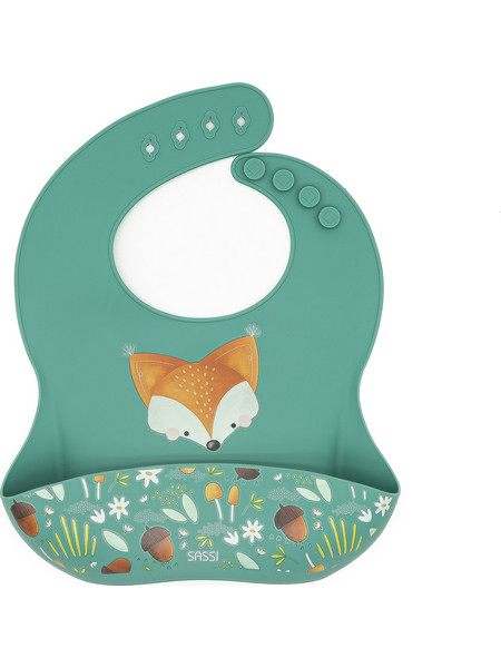 Sassi Crunchy The Fox Αδιάβροχη Σαλιάρα Σιλικόνης με Κουμπί & Τσέπη 6m+ Πράσινη