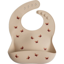 Mushie Butterflies Αδιάβροχη Σαλιάρα Σιλικόνης με Κουμπί & Τσέπη 6m+ Εκρού