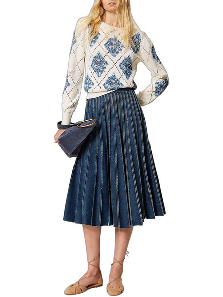 TWINSET Μίντι Φούστα Τζιν Ψηλόμεση Πλισέ Navy Μπλε 261TP2350-01611