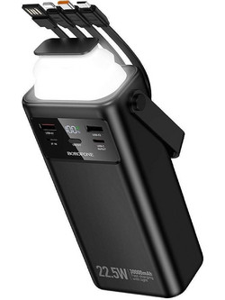 Borofone BJ65 Power Bank 30000mAh 22.5W με Ενσωματωμένα Καλώδια USB-C Lightning & micro USB Quick Charge 3.0 & Power Delivery Black