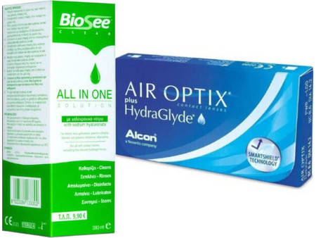 Alcon Air Optix Plus HydraGlyde Μηνιαίοι Φακοί Επαφής Σιλικόνης Υδρογέλης 3τμχ + 1 Υγρό Biosee 380ml