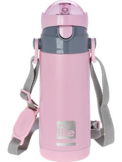 Ecolife Kids Thermos Παιδικό Μπουκάλι Θερμός Ανοξείδωτο BPA Free με Καλαμάκι Ροζ 400ml