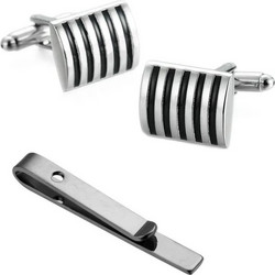 Set Ανδρικά Μανικετόκουμπα Original Men's Fashion και Clip Γραβάτας Από Ατσάλι Σε Μαύρο Black Stripes