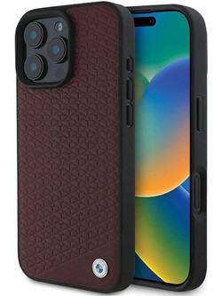 BMW Sign Leather Diamond Metal Logo MagSafe Case for iPhone 16 Pro Max - Red