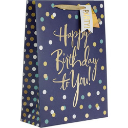 Τσάντα Δώρου Χάρτινη Happy Birthday Χρυσά Foil Μπλε Πουά με Κάρτα 30x12x42cm
