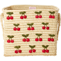 Rice - Raffia Square Basket with Small Cherries Embroidery - Red - 30 cm x 30 cm x 25 cm