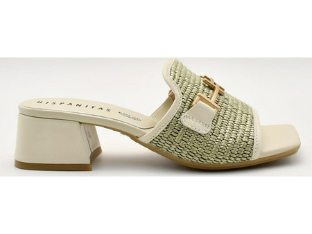 Mules με χαμηλό χοντρό τακούνι Γυναικεία Hispanitas RHV254071-C003 Dallas-V25 σε μπεζ δέρμα και λαδί ψάθα