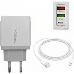 Treqa CH-640-L Φορτιστής με Καλώδιο Lightning με 2 Θύρες USB-A & Θύρα USB-C 38W Power Delivery & Quick Charge 3.0 White