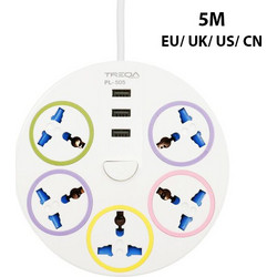 Treqa Πολύπριζο Ασφαλείας 3000W 5 Θέσεων EU UK US CN με Διακόπτη, 3 Θύρες USB & Καλώδιο 5 Μέτρα - Λευκό PL-505-5M