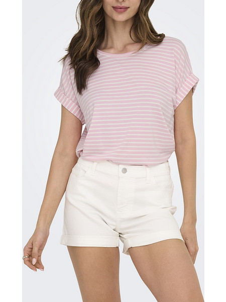 ONLY ONLMOSTER STRIPE S/S O-NECK TOP JRS NOOS 15206243-Pink LadyCLOUDDANCER Multi
