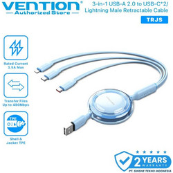 VENTION 3-in-1 USB 2.0 Type-A Male to USB-C Male + USB-C Male + Lightning Male 3.5A Retractable Cable 1.1M Blue