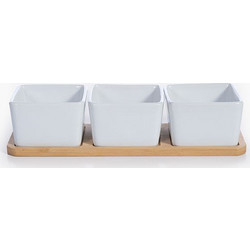 Μπολ Κεραμικά Σετ 3τμχ με Ξύλινο Δίσκο Nef-Nef Homeware Sage White