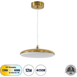 GLOBOSTAR(R) BARON 60886 Μοντέρνο Κρεμαστό Φωτιστικό Οροφής LED 12W 1440lm 120 AC 220-240V IP20 Ρυθμιζόμενο Λευκό CCT με On/Off 2700K/4500K/6000K - Lumileds SMD Chip - Χρυσό - Μ25 x Π25 x Υ8cm