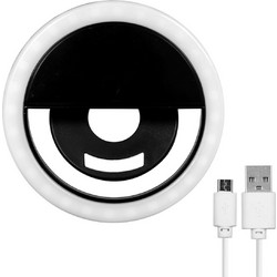 GloboStar(R) 79043 Selfie Ring Light LED SMD 2W 200 lm Μαύρο Σώμα με Ενσωματωμένη Επαναφορτιζόμενη Μπαταρία 500mAh & Καλώδιο Φόρτισης Micro USB Ψυχρό Λευκό 6000 K για Κινητό Τηλέφωνο και Tablet Φ8.5 x