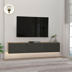 Έπιπλο τηλεόρασης επιτοίχιο Damla Megapap με LED χρώμα sapphire oak - ανθρακί 180x29,5x29,5εκ