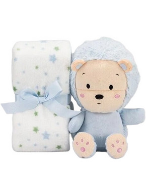 Interbaby Lion Κουβέρτα Αγκαλιάς Fleece με Λούτρινο 80x110 Λευκή Γαλάζια