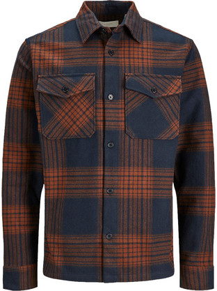 Jack & Jones Ανδρικό Πουκάμισο Βαμβακερό Καρό Μακρυμάνικο Καφέ Navy Μπλε 12241533