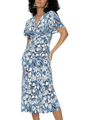 Diane Von Furstenberg Zetna Midi Καλοκαιρινό Βραδινό Φόρεμα Floral Κρουαζέ Γαλάζιο DVFDW1S009BPRDI-C3581