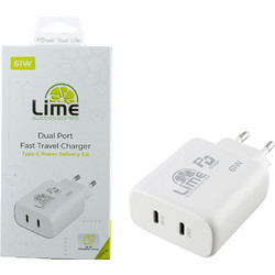 Lime LTC61W Φορτιστής με Καλώδιο USB-C με 2 Θύρες USB-C 61W Power Delivery White