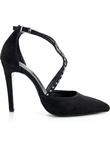 Ellen Γόβες Suede με Τακούνι Στιλέτο με Λουράκι & Στρας Μαύρες 83930-1