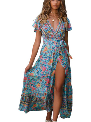 Chicret Flery Midi Βραδινό Φόρεμα Floral Κρουαζέ Γαλάζιο 00005531