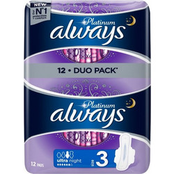 Always Platinum Ultra Night Μέγεθος 3 Σερβιέτες με Φτερά για Αυξημένη Ροή 6 Σταγόνες 12τμχ