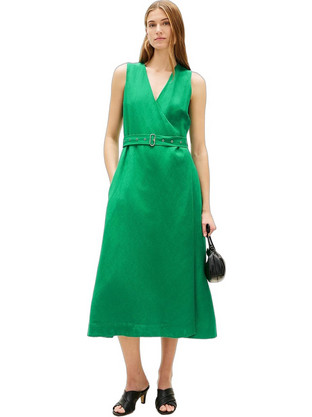 Tommy Hilfiger Midi Καλοκαιρινό Βραδινό Φόρεμα Κρουαζέ Λινό Πράσινο WW0WW48951-MS3