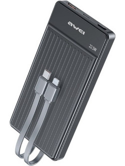 Awei P88K Power Bank 10000mAh 22.5W με Ενσωματωμένα Καλώδια USB-C & Lightning Black