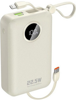 Dudao K14+ Power Bank 20000mAh 22.5W με Ενσωματωμένα Καλώδια USB-C & Lightning Quick Charge 3.0 & Power Delivery White