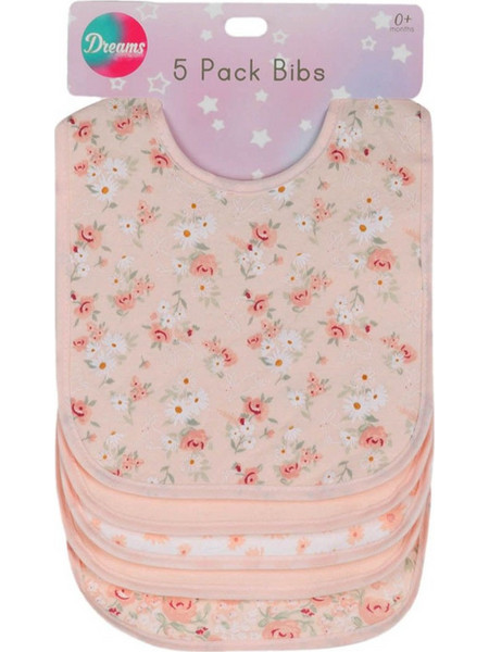 Dreams Newborn Flowers Σετ Αδιάβροχες Σαλιάρες Υφασμάτινες με Κουμπί Ροζ 5τμχ
