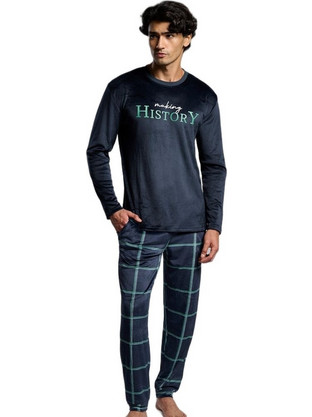 Muydemi Χειμωνιάτικες Ανδρικές Πιτζάμες Fleece Καρό Navy Μπλε 26405