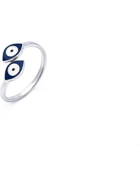 Aσημένιο δαχτυλίδι διπλό μάτι με λευκό και navy blue σμάλτο
