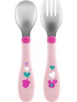 Chicco Mix & Match Cutlery Σετ Παιδικό Πιρούνι & Κουτάλι Σιλικόνης 18m+ Ροζ 2τμχ