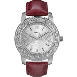 Timex Crystal Γυναικείο Ρολόι με Μπορντό Δερμάτινο Λουράκι T2N152