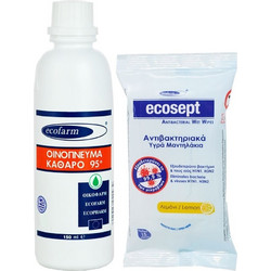 Ecofarm Καθαρό Οινόπνευμα 95° 150ml & Αντιβακτηριδιακά Υγρά Μαντηλάκια Λεμόνι 15τμχ