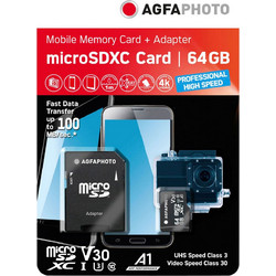 Agfaphoto Professional High Speed microSDXC 64GB Class 10 U3 V30 UHS-I + Adapter