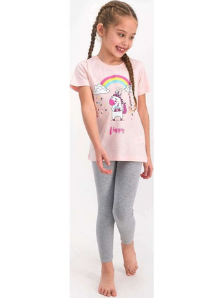Rolypoly Unicorn Παιδική Πιτζάμα Βαμβακερή Καλοκαιρινή Ροζ Γκρι RP1809