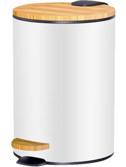 BORMANN BTW9036 Μεταλλικό Καλαθάκι Μπάνιου Λευκό με Ξύλινο Καπάκι 5L,Μηχανισμός Αργού Κλεισίματος