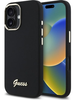 Guess Silicone Script Metal Logo +amp Frame - θήκη για Apple iPhone 16 - Μαύρο