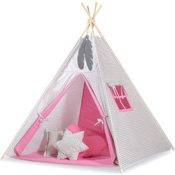 MINI Set: Teepees tent+play mat + decorative feathers - Grey checkered-pink