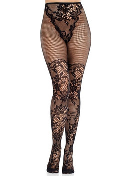 LEG AVENUE - DAHLIA LACE STOCKINGS WITH NET DETAIL BLACK